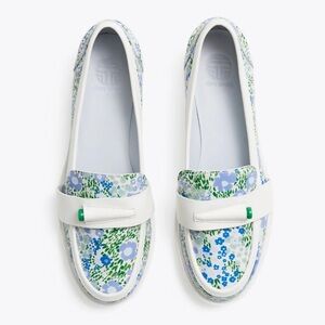 Tory Burch Sport Pocket Tee Golf Loafers Ace Blue Garden Floral Leather Size 7